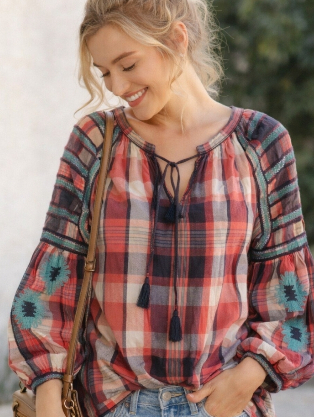 Ivy Jane Plaid Boho Peasant Top Embroidered Sleeves Tassel Tie 100% Cotton M
